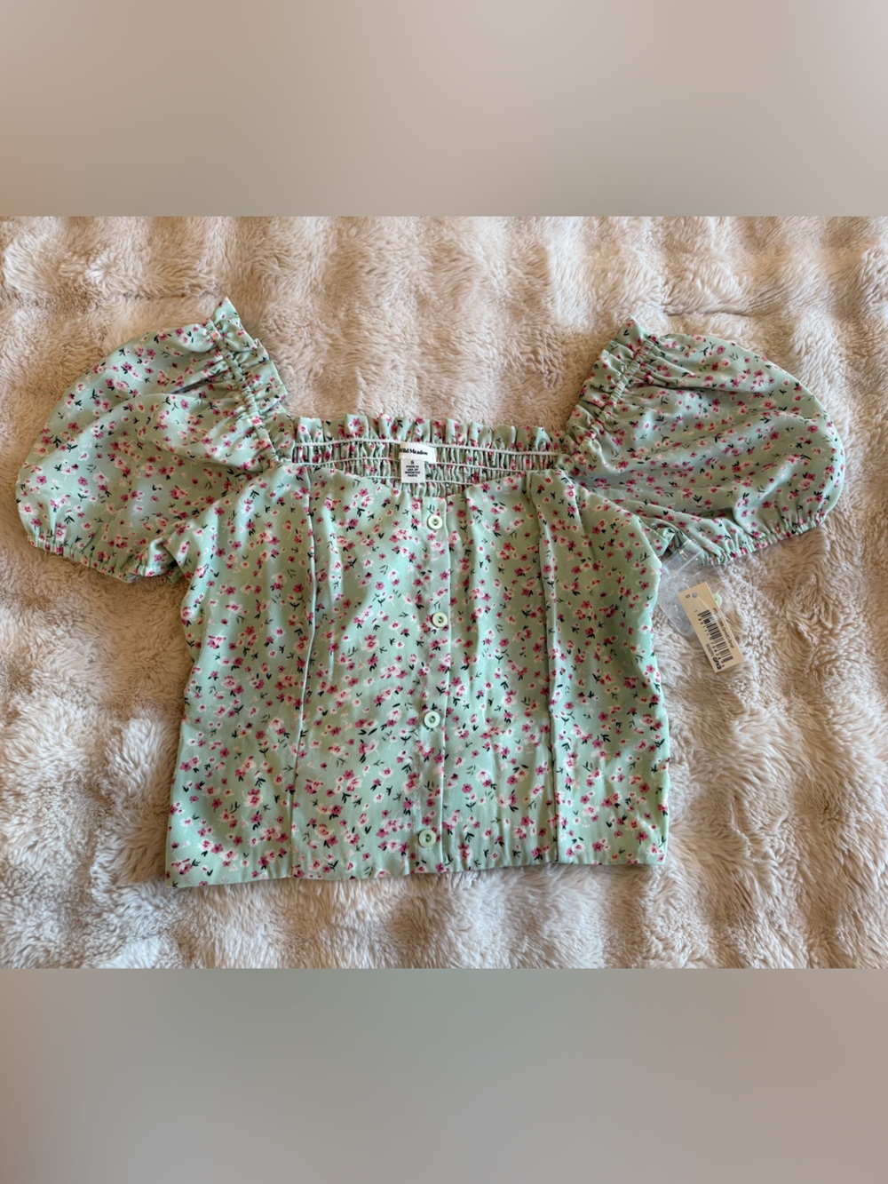 Floral Puff-Sleeve Button-Front Crop Top - Mint Green